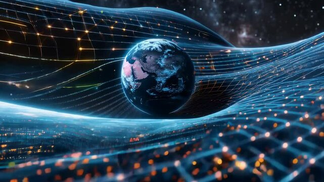 Gravitational dynamics: Earth depicted within space-time grid, showing mass-induced gravity well, glowing lines highlighting curvature, and cosmic particles.