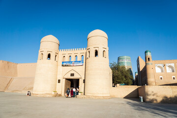 Khiva, Uzbekistan, architecture in the old town. Historic old town of Khiva is a UNESCO World Heritage site popular among tourists in Uzbekistan, Central Asia. 
