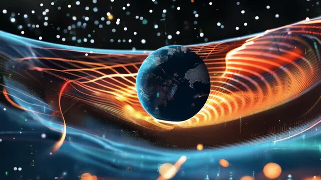 Space-time visualization: video displaying Earth at the center of curved space, with grid lines illustrating gravity effect, glowing patterns emphasizing space distortion.