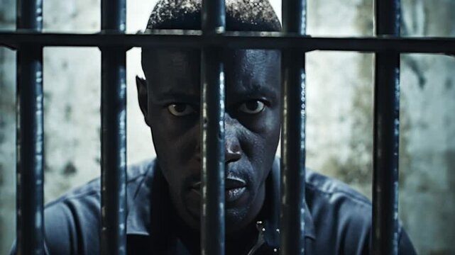 This image shows a man behind prison bars, staring with intensity. The dark room enhances the sense of being trapped in a difficult situation.