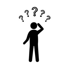 Silhouette with raised hand and question marks