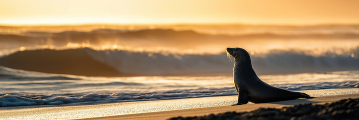 Serene seal silhouette on sandy beach at sunset, nature's tranquility