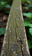 Fototapeta premium Weathered wooden beam with moss and lichen growth, rustic, forest