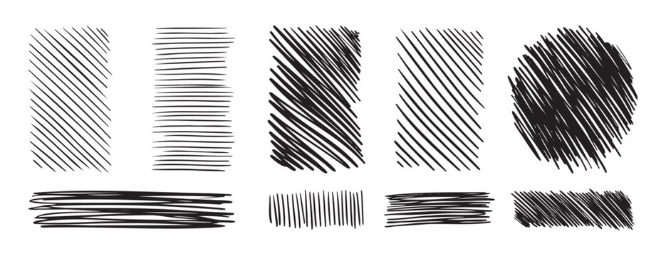 Doodle hand drawn hatching texture lines set. hatched strikethrough rectangle shapes. Diagonal, vertical, or parallel strokes. 