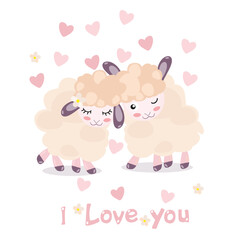 Two cute sheep in love. Pink Hearts. Romantic card with the inscription I love you. Vector cartoon illustration