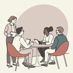 Minimalistic business meeting scene with diverse people around a table