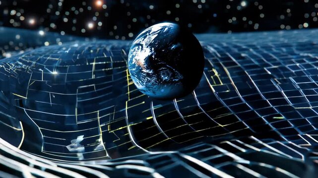 Space-time visualization: video displaying Earth at the center of curved space, with grid lines illustrating gravity effect, glowing patterns emphasizing space distortion.