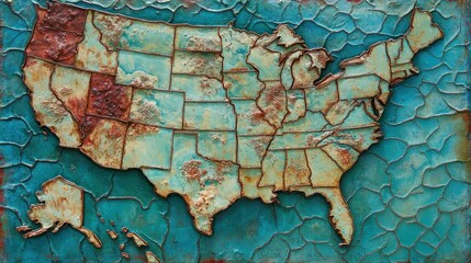 Fototapeta premium Rustic US map art, textured background, patriotic decor