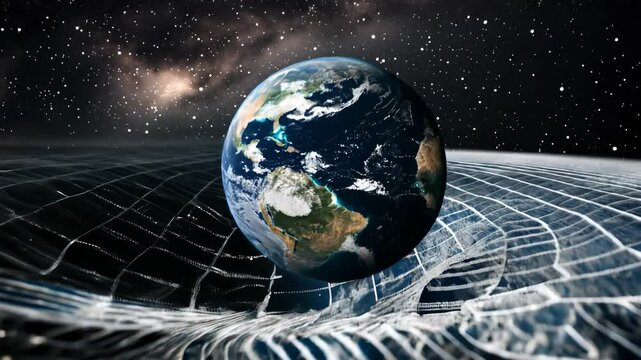 Space-time visualization: video displaying Earth at the center of curved space, with grid lines illustrating gravity effect, glowing patterns emphasizing space distortion.