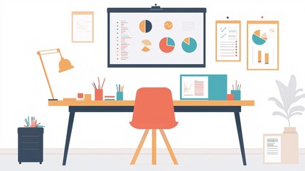 Creative workspace setup for data analysis and business growth modern office environment digital illustration inspirational design aesthetic viewpoint