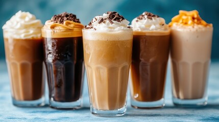 A delightful showcase of various coffee drinks topped with whipped cream and sauces, appealing to coffee enthusiasts and dessert lovers alike.