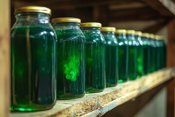 Bright green liquid stored in glass jars on a shelf under blue lighting in a laboratory setting