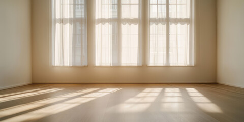 Obraz premium Empty sunny room interior with windows and fabric curtains, moving, rented space