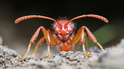 Red ant close-up, forest floor, macro photography, nature background, insect stock image