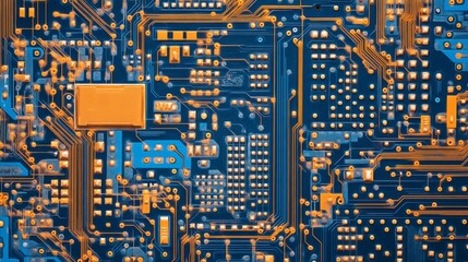 Orange and blue tech circuit board with HTML code, ideal for science, education, and technological process visuals. 