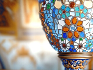Closeup of a vibrant mosaic lamp, showcasing intricate details and rich colors.  Perfect for home decor, interior design, or artisan craft websites. The image evokes luxury and handcrafted artistry.