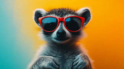 Fototapeta premium Raccoon wearing red sunglasses poses against a vibrant background