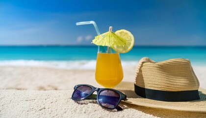 Relaxing Day at the Beach With Sunglasses, a Hat, and Refreshing Tropical Drink