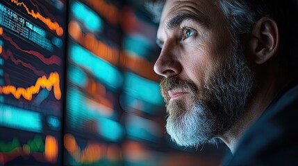 Focused man analyzing stock market data on digital screens during evening trading hours in a modern office environment
