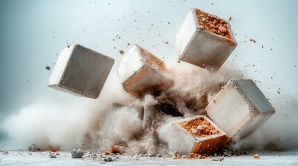 An intense image capturing the explosive moment of concrete blocks hitting the ground, vividly illustrating motion, force, and the reactive nature of the scene.