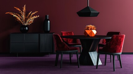 sleek dining arefeaturing black walnut table and ruby red chairs near charcoal cabinet against deep burgundy wall