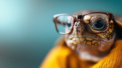 A creative portrayal of a turtle wearing glasses, set against a soft background, reflecting a playful take on perception, nature, and intellectual charm.