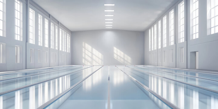 The interior of an empty indoor pool. Sports complex, swimming pool with swimming lanes