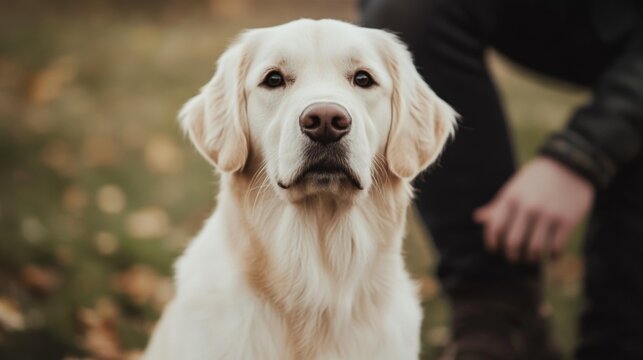 Close-up portrait of a fluffy, light-golden retriever dog, sitting outdoors in autumn.
