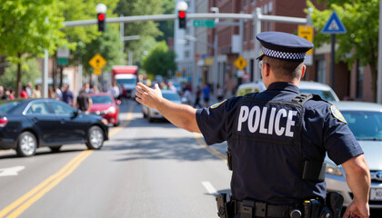 Police officer directing traffic in urban street