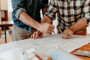 Two individuals carefully review and annotate a detailed blueprint, collaborating on a project, A team working collaboratively on a project