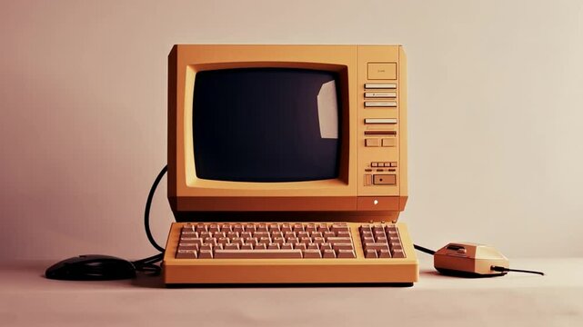 This vintage computer features a keyboard and mouse, highlighting retro technology. It stands against a simple background, evoking nostalgia for computing history.