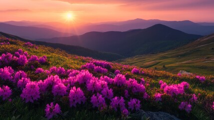 Majestic Sunrise Over Blooming Mountain Slopes