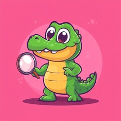 Fototapeta premium Cute cartoon crocodile detective investigating; pink background, kids illustration