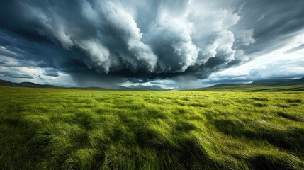 A dramatic display of storm clouds showcasing nature's fury evokes powerful emotions, inviting the viewer to reflect on both the beauty and danger inherent in severe weather.
