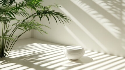 Minimalist white room with palm plant, sunlight, and round pedestal.