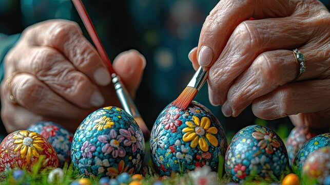 Creative hands painting intricate floral patterns on colorful Easter eggs during a crafting session at home