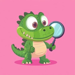 Obraz premium Cute cartoon crocodile inspecting with magnifying glass against pink background; for children's books