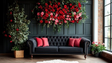 An enchanting display of dazzling red roses styled in modern decor, creating a romantic and sophisticated atmosphere that's perfect for special occasions or intimate gatherings.