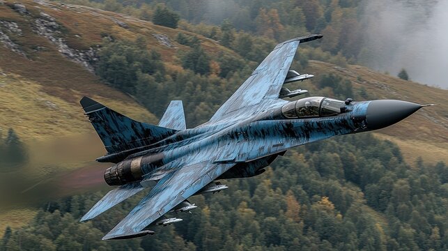 Su-30 fighter jet performs a dynamic maneuver over a mountainous terrain during a clear day