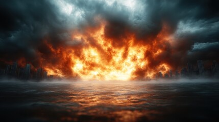 Flames engulf an urban landscape, merging sky and water into a chaotic display of smoke and fire, emphasizing the destructive power of nature's wrath.