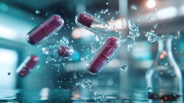 A stirring visual of capsules splashing into water, signifying a creative interplay between medication and nature, evoking themes of health, balance, and movement.