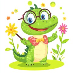 Fototapeta premium Happy crocodile teacher pointing, spring garden background, education illustration