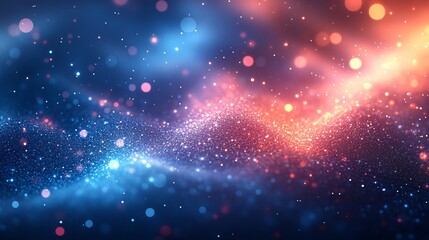 Blue and gold glowing glittering particles on dark background with dust bokeh effect