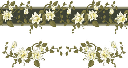 Vector seamless floral romantic frieze set with white roses. Wedding backgrounds, page decorations, fabric, silk and scarf patterns. Floral ornamental motifs in Eastern style. Marriage, love concept.