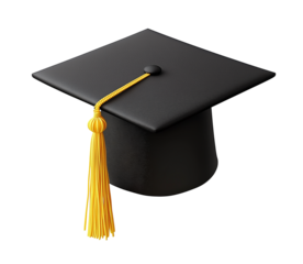 A black graduation cap with a golden tassel on a transparent background, ideal for educational or achievement-themed designs