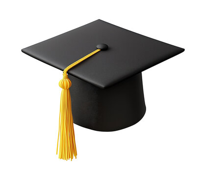 A black graduation cap with a golden tassel on a transparent background, ideal for educational or achievement-themed designs