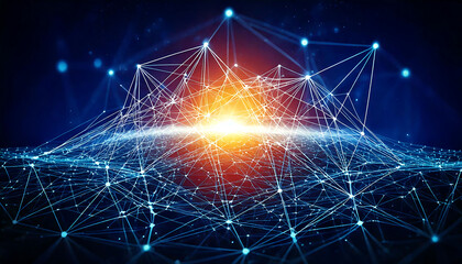 Stunning abstract image depicting a complex network of interconnected nodes, glowing brightly against a dark background.