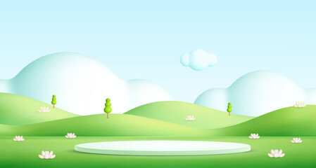 Kid podium in green hills on abstract cartoon background. 3d spring landscape. Tree, grass mountain, clouds in sky. Park scene. Childish cartoon vector illustration