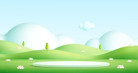 Gardinen Kid podium in green hills on abstract cartoon background. 3d spring landscape. Tree, grass mountain, clouds in sky. Park scene. Childish cartoon vector illustration © Doloves