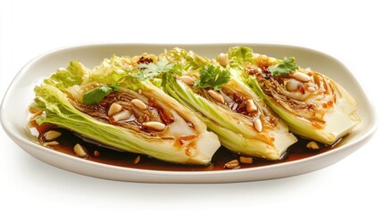Chinese cabbage with oyster sauce and garlic on a plate on a white background